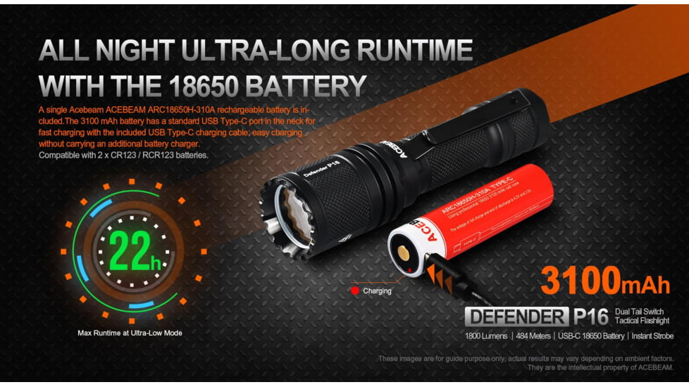 Acebeam Tactical Defender P16 Flashlights, Li-Ion Battery, 1800 Lumens, Tail-Dual Switch, Black, P16