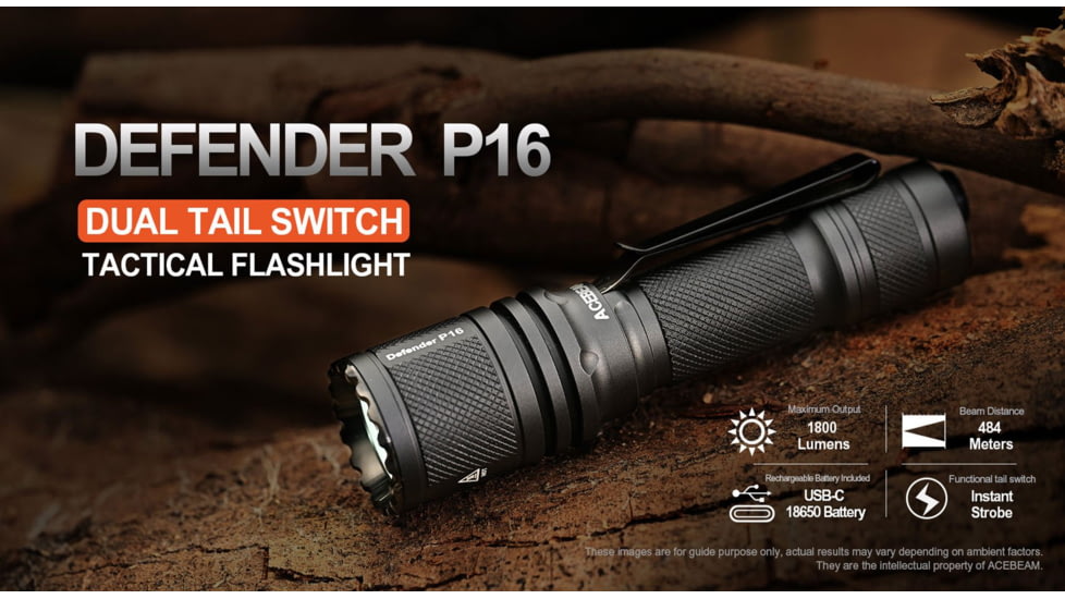 Acebeam Tactical Defender P16 Flashlights, Li-Ion Battery, 1800 Lumens, Tail-Dual Switch, Black, P16