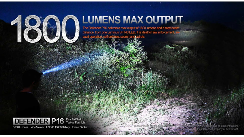 Acebeam Tactical Defender P16 Flashlights, Li-Ion Battery, 1800 Lumens, Tail-Dual Switch, Black, P16