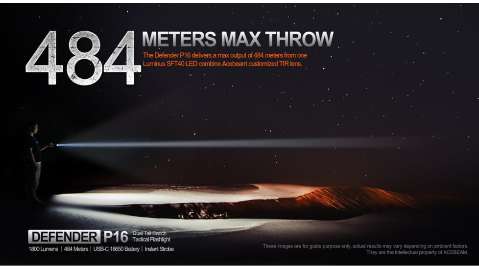 Acebeam Tactical Defender P16 Flashlights, Li-Ion Battery, 1800 Lumens, Tail-Dual Switch, Black, P16