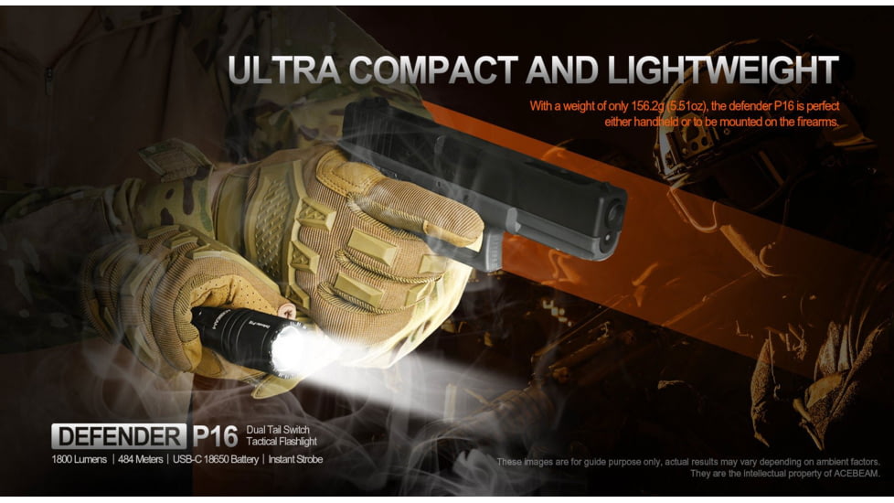 Acebeam Tactical Defender P16 Flashlights, Li-Ion Battery, 1800 Lumens, Tail-Dual Switch, Black, P16