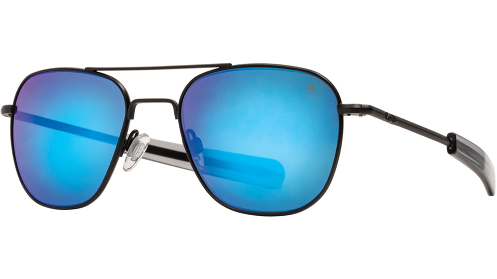 AO Original Pilot Sunglasses, Black Frame, 55 mm SunFlash Blue Mirror SkyMaster Glass Lenses, Bayonet Temple, Polarized, 738921564805