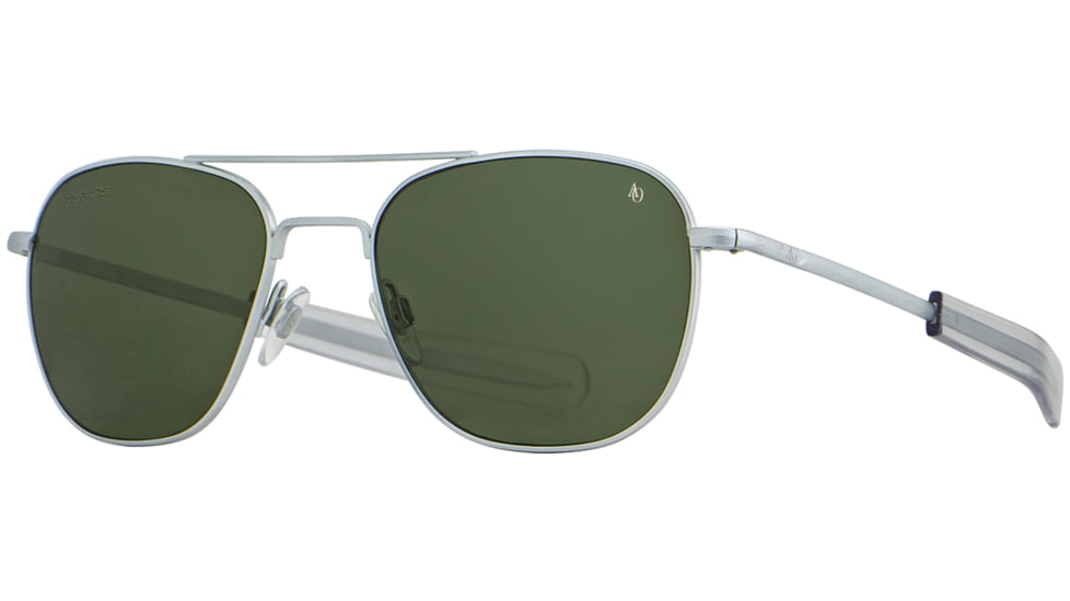 AO Original Pilot Sunglasses, Matte Silver Frame, 52 mm Calobar Green SkyMaster Glass Lenses, Bayonet Temple, Polarized, 738921550112