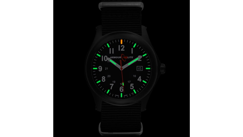 Armourlite Field Series AL144 Swiss Made Tritium Illuminated Watch with Shatterproof Armourglass, Black Case, Black Dial, White Numbers, 42mm, AL144