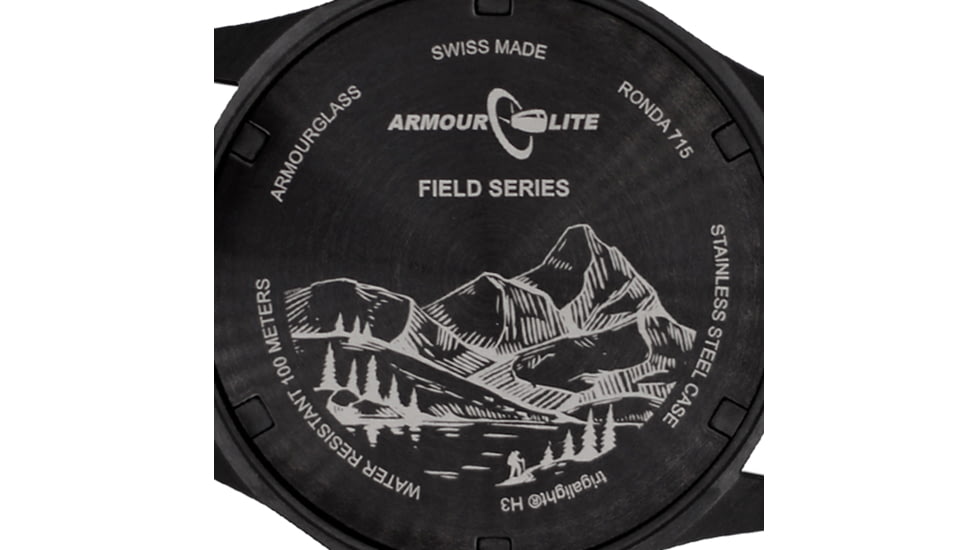 Armourlite Field Series AL144 Swiss Made Tritium Illuminated Watch with Shatterproof Armourglass, Black Case, Black Dial, White Numbers, 42mm, AL144