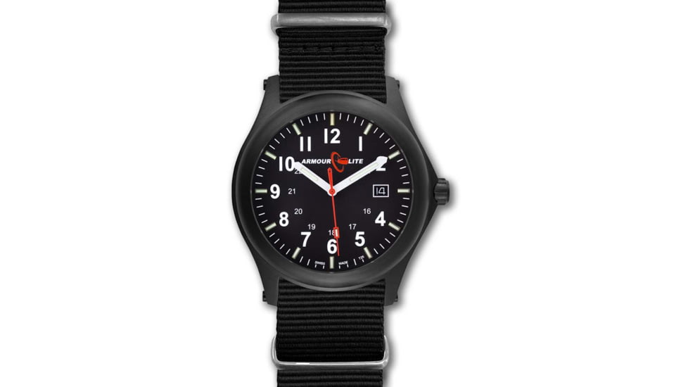 Armourlite Field Series AL144 Swiss Made Tritium Illuminated Watch with Shatterproof Armourglass, Black Case, Black Dial, White Numbers, 42mm, AL144