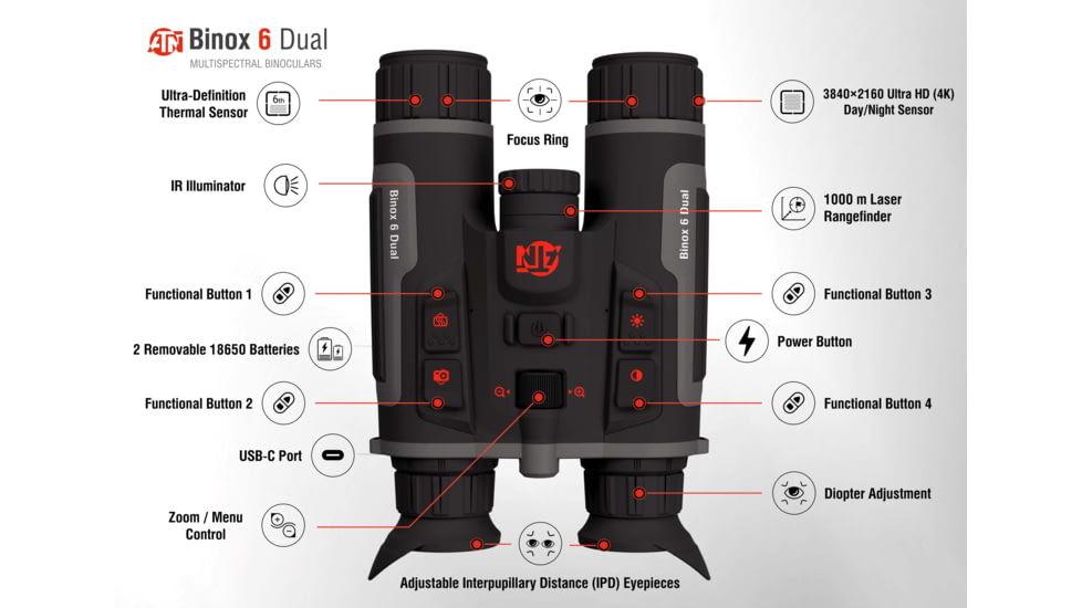 ATN Binox 6 Dual Multispectral 6-48x25mm Thermal Imaging Binocular w/Built-in Laser Rangefinder, 50 Hz, 256x192, Black, MSBNB6225A