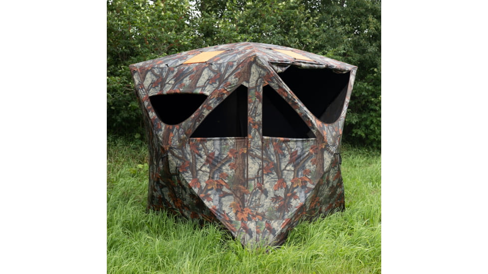 Barronett Blinds Tag Out Hub Hunting Blind with blaze orange safety panels, Bloodtrail Woodland, 3-Person, TA350BT
