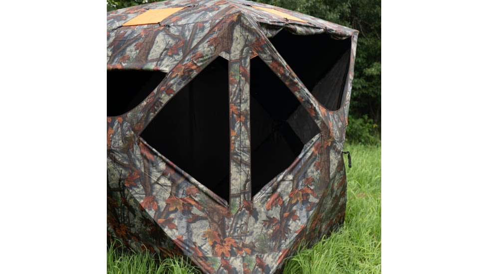 Barronett Blinds Tag Out Hub Hunting Blind with blaze orange safety panels, Bloodtrail Woodland, 3-Person, TA350BT