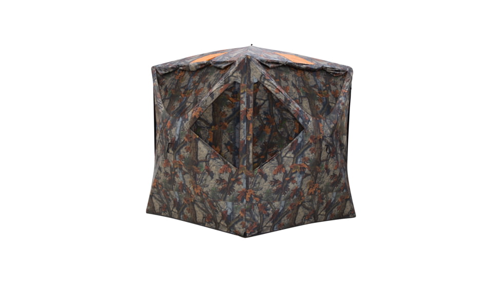 Barronett Blinds Tag Out Hub Hunting Blind with blaze orange safety panels, Bloodtrail Woodland, 3-Person, TA350BT