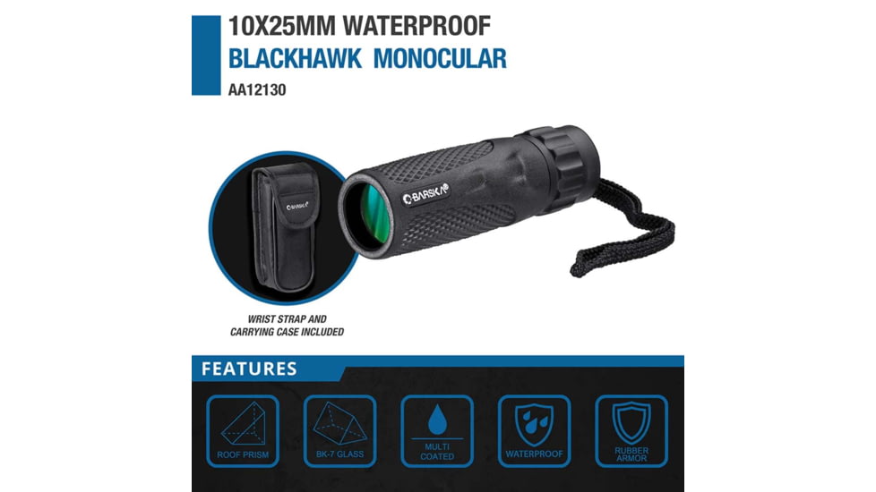 Barska 10x25mm BK-7 Roof Waterproof Blackhawk Monocular, Black, Small, AA12131