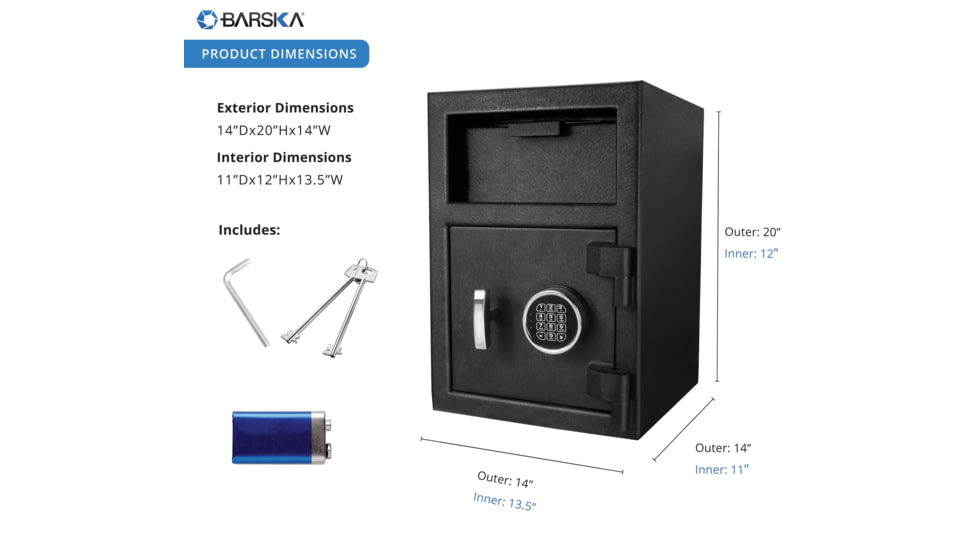 Barska DX-200 Standard Depository Keypad Safe, Anti-Fishing Baffles, Solid Steel, Black, Outer Dimensions - 14 x 14 x 20 in AX12588