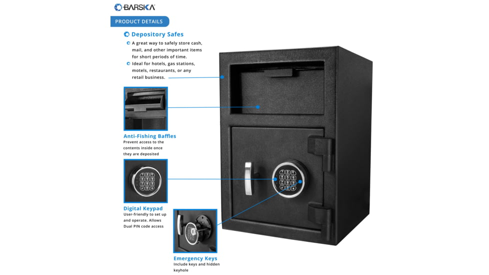 Barska DX-200 Standard Depository Keypad Safe, Anti-Fishing Baffles, Solid Steel, Black, Outer Dimensions - 14 x 14 x 20 in AX12588