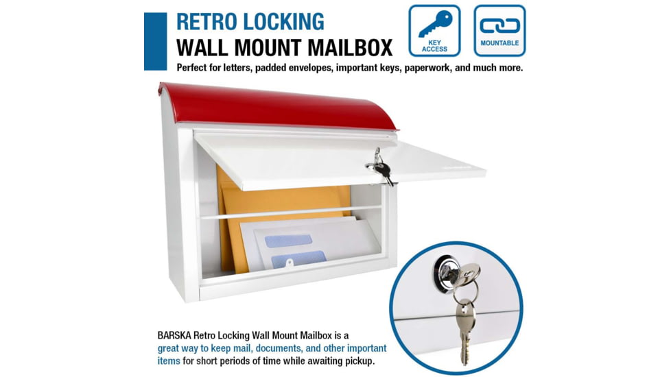 Barska Retro Locking Wall Mount Mailbox. 13in Width, Cream-Red, Small, CB13700