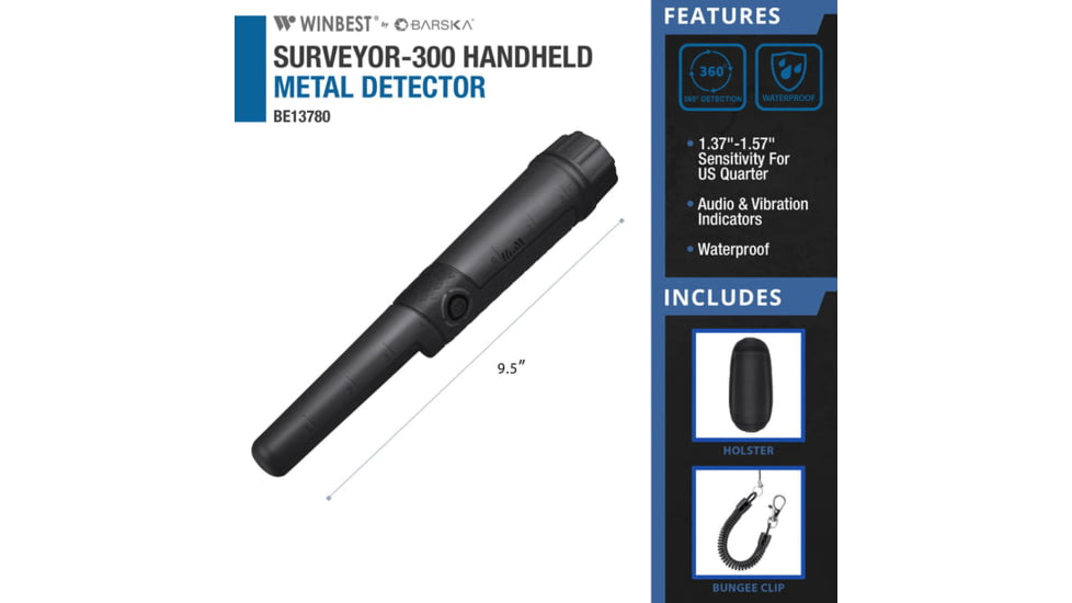 Barska SURVEYOR-300 Waterproof Handheld Metal Detector, Black, Small, BE13780