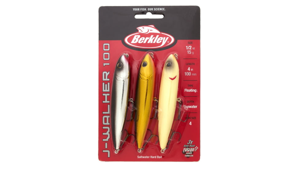 Berkley J-Walker 100 Saltwater Pro Pack Hard Bait Kit, Topwater, Saltwater, 100, 1/2 oz, 100mm, Topwater, Hook Size 4, 2 Hooks, Varies, 1563368