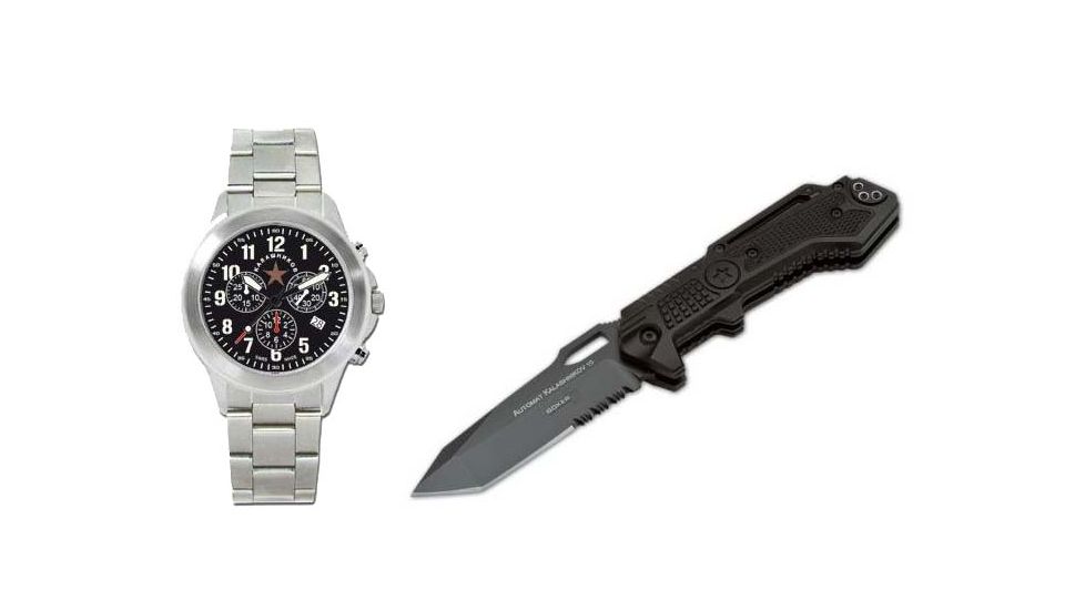 Boker USA Kalashnikov Libertad 2 Waterproof Watch, Chrono Silver &amp; FREE Kalashnikov 10 Tanto Folding Knife 09KAL501-KIT1