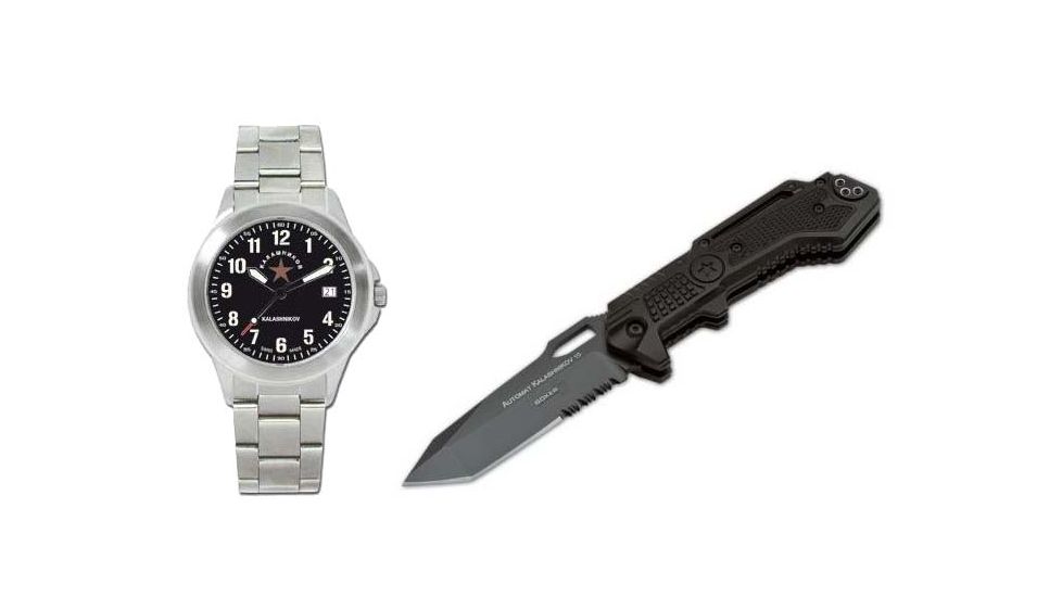 Boker USA Kalashnikov Libertad 2 Waterproof Watch, Silver Stainless Steel &amp; FREE Kalashnikov 10 Tanto Folder 09KAL504-KIT1