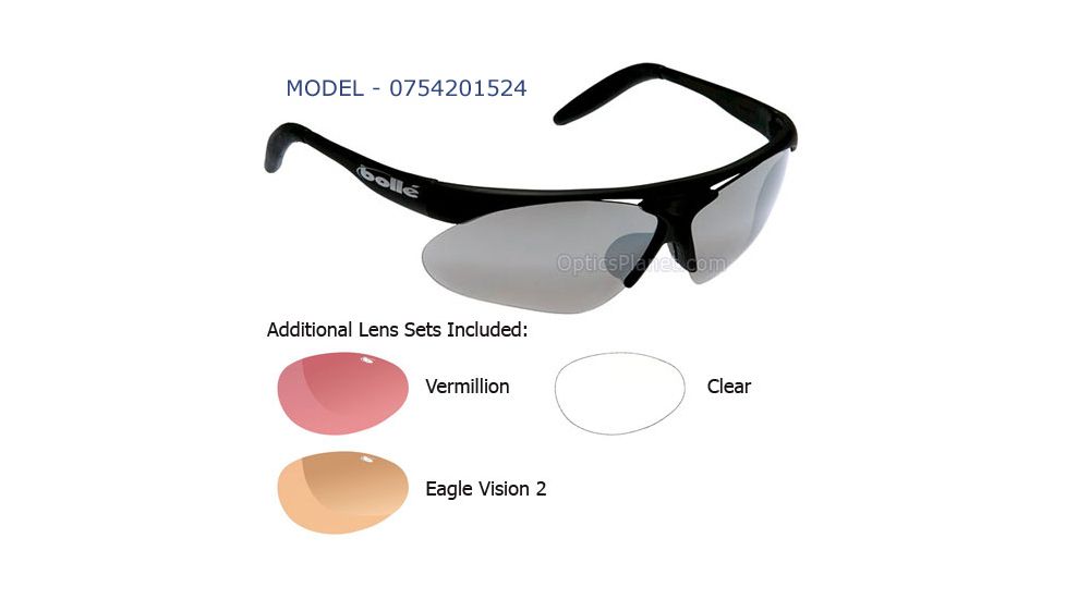 Bolle Parole Sunglasses with Interchangeable Lenses, Matte Black Frame, TNS Gunmetal Vermillon EagleVision2 Clear Lens, 0754201524