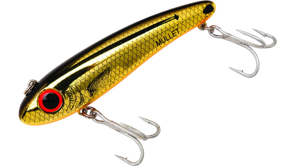 Bomber Saltwater SW Mullet Slow-Sinking Twitch/Walking Lure. 3.5in, 5/8oz, Gold/Black/Orange, BSWM7350