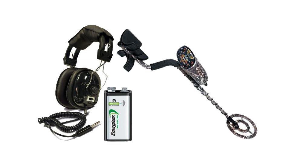 Bounty Hunter Camo-LS Digital Metal Detector, Camo with 10in Coin Depth Detection w/ Bounty Hunter Headphones and Energizer Rechargeable 9-volt Batteries