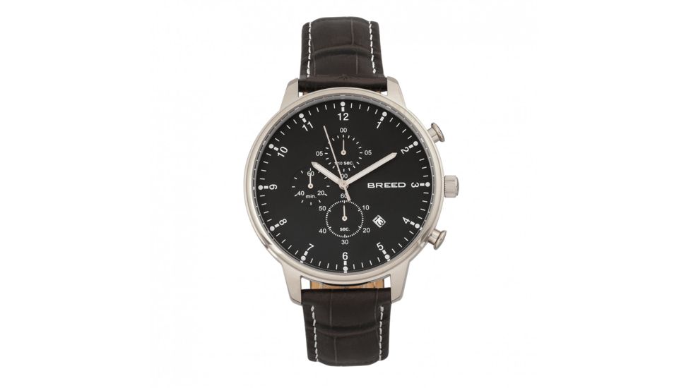 Breed Holden Chronograph Leather-Band Watch w/ Date, Silver/Black, BRD7804