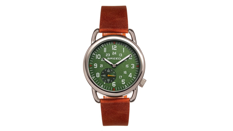 Breed Leather-Band Watch w/Second Sub-dial, Brown/Green, BRD8803, Brown/Green, One Size, BRD8803