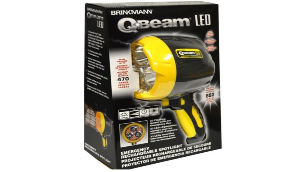 Brinkmann Outdoors Q-Beam 682 Lumen Lithium Rechargeable Spotlight, Black, 3 CREE XPG-2 LEDs, Yellow Emergency Flasher 800-5003-0