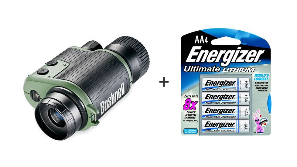 Bushnell Night Watch 2x24 IR Illuminator Night Vision Monocular, Green/Black 260224 w/ Energizer E2 Performance Lithium AA Batteries, 4-pack L91BP-4