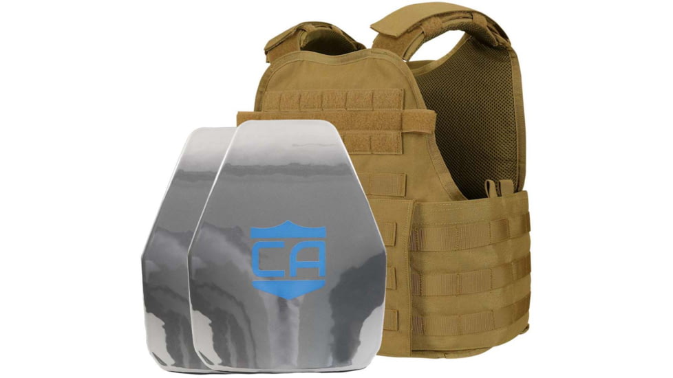 Caliber Armor AR550 11 x 14 Level III+ Body Armor w/ PolyShield Spall Coat and Condor MOPC Package, Coyote Brown, Medium/2XL, 19-AR550-MOPC-1114-SPC-CB
