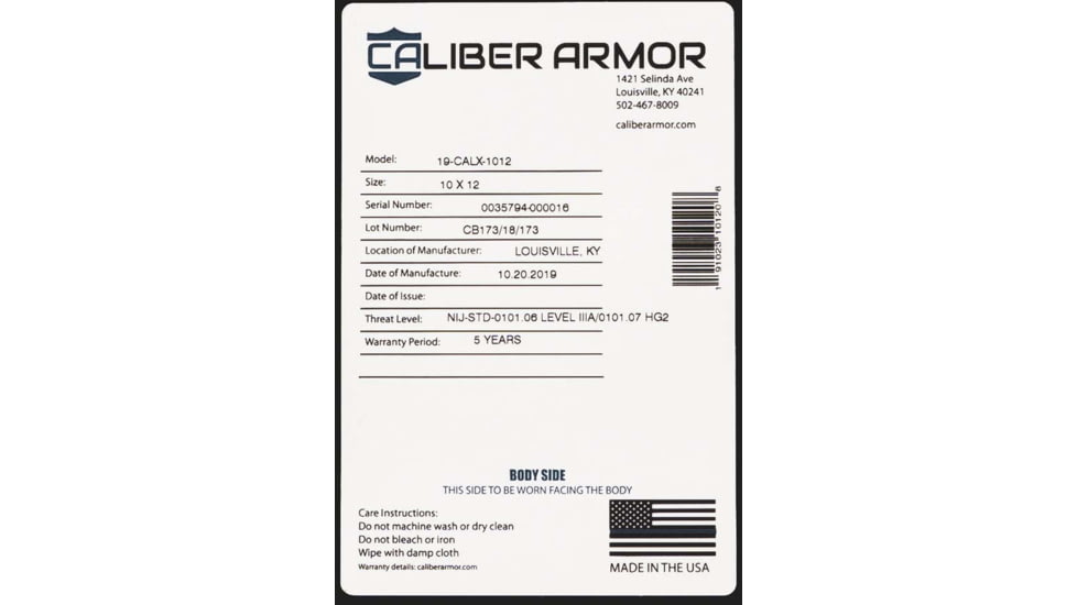 Caliber Armor CaliberX IIIA Soft Body Armor Panel, Black, 8 X 10, 19-CALX-810