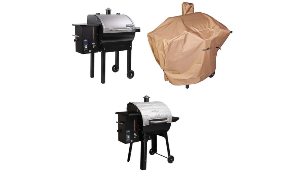 Camp Chef Smokepro DLX Stainless Pellet Grill, Stainless, with Tan Patio Cover, PCPG24L, and Blanket for 24in Pellet Grills, Grey, PG24BLKL