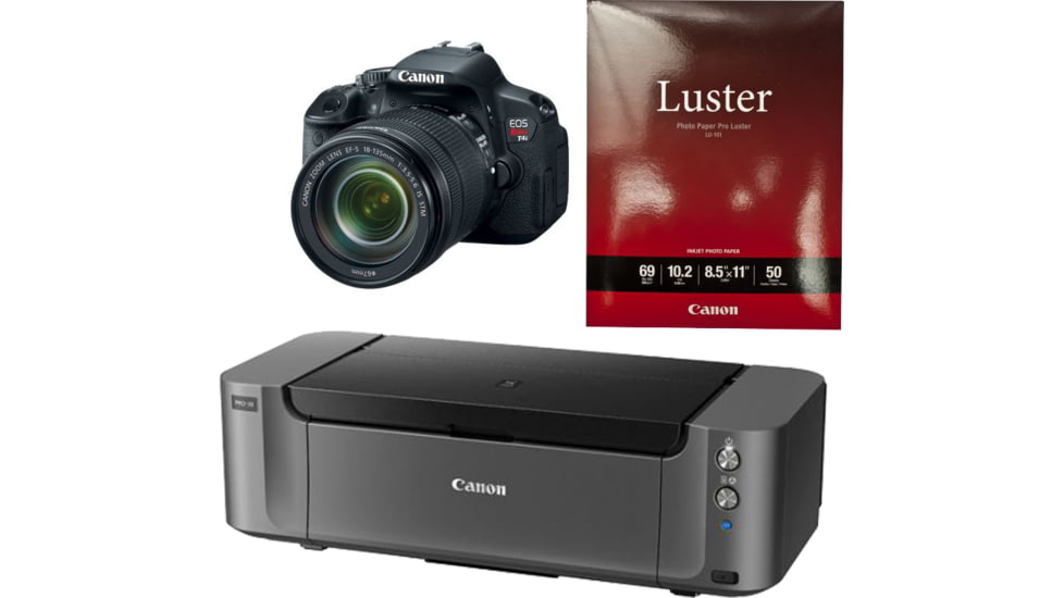 Canon Pixma PRO-10 Printer, Photo Paper, and EOS Rebel T4i Camera with EF-S 18-135mm IS STM Lens