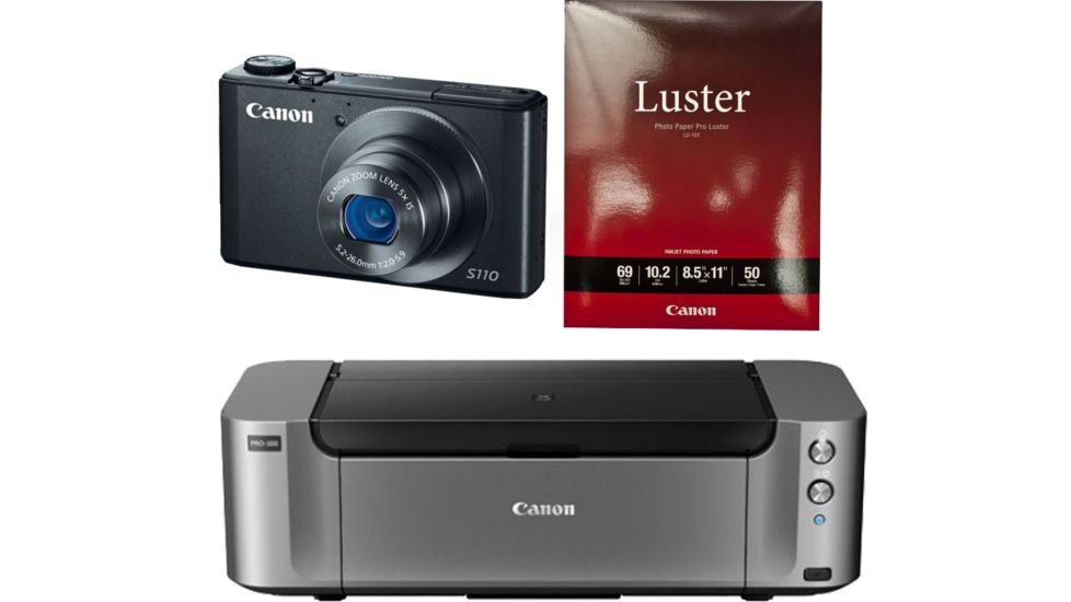 Canon PowerShot S110 Digital Camera, Black 6351B001 with Canon LU-101 Pro Luster Letter Size Paper 50 Pack 6211B004 and Canon PIXMA PRO-100 Photo Inkjet Printer, Black 6228B002