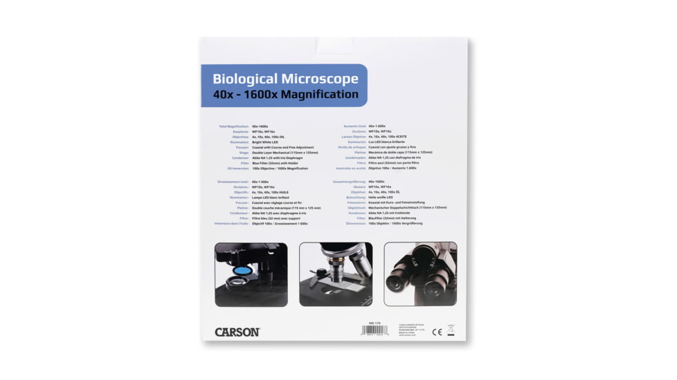 Carson Optical Advanced 40x-1600x LED Lit Binocular Compound Microscope, Black, 8.5 in x 6.9 in x 14.1 in, MS-170