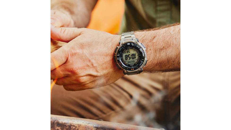 Casio Outdoor Casio Pro Trek Solar Watch Triple Sensor Watching Featuring an Altimeter, Barometer, Digital Compass, Thermometer and 100M WR Titanium Band - Mens, Silver, One Size, PRG340T-7