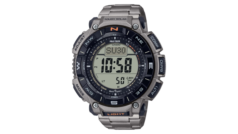 Casio Outdoor Casio Pro Trek Solar Watch Triple Sensor Watching Featuring an Altimeter, Barometer, Digital Compass, Thermometer and 100M WR Titanium Band - Mens, Silver, One Size, PRG340T-7