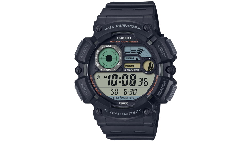 Casio Outdoor Fishing Timer Digital Watch w/Dual Time, Moon Graph, Stopwatch, 3 Alarms, 10-Year Battery Life - Mens, Black, One Size, WS-1500H-1AV