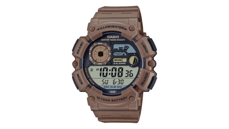 Casio Outdoor Fishing Timer Digital Watch w/Dual Time, Moon Graph, Stopwatch, 3 Alarms, 10-Year Battery Life - Mens, Tan, One Size, WS-1500H-5AV
