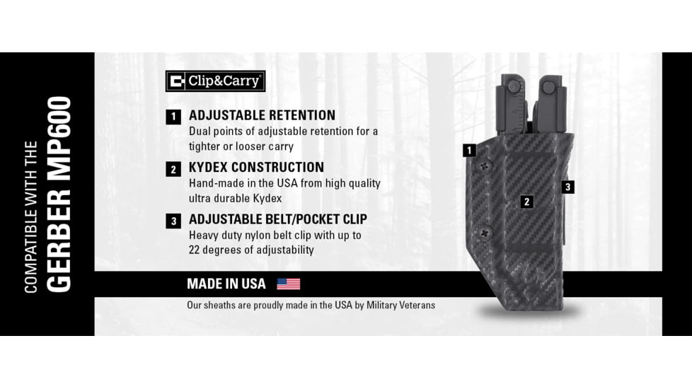 Clip &amp; Carry Kydex Sheath for the Gerber MP600, Black, GMP600-BLK