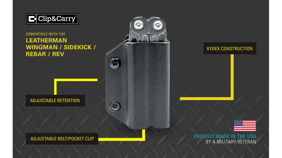 Clip &amp; Carry Kydex Sheath for the Leatherman Wingman, Sidekick, Rebar &amp; Rav, Black, LWING-BLK