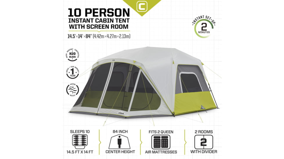 Core Equipment 10 Person Instant Cabin Tent w/Screen Room, Green/Grey, 40036