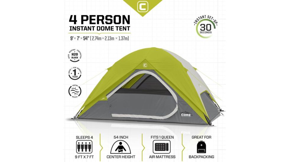 Core Equipment 4 Person Instant Dome Tent, Green/Gray, 9 x 7 ft, 40006