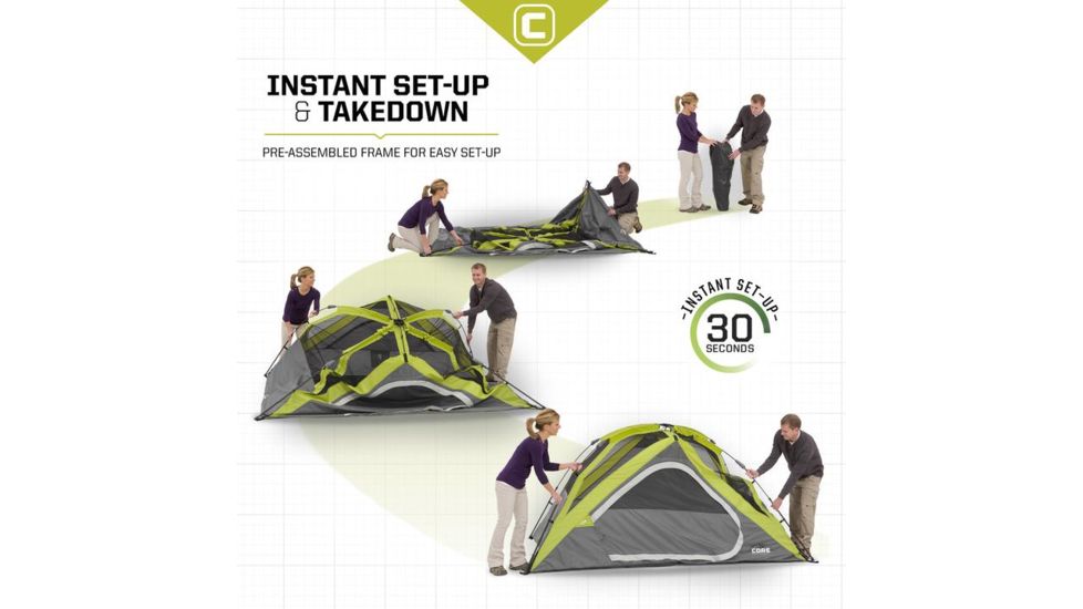 Core Equipment 4 Person Instant Dome Tent, Green/Gray, 9 x 7 ft, 40006