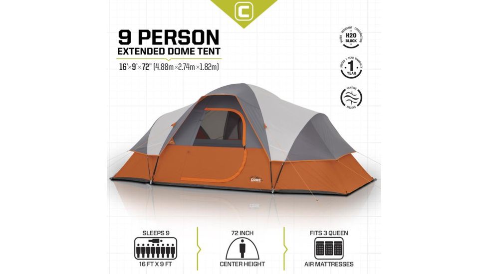 Core Equipment 9 Person Modified Dome Tent, Orange/Gray, 16 x 9 ft, 40004