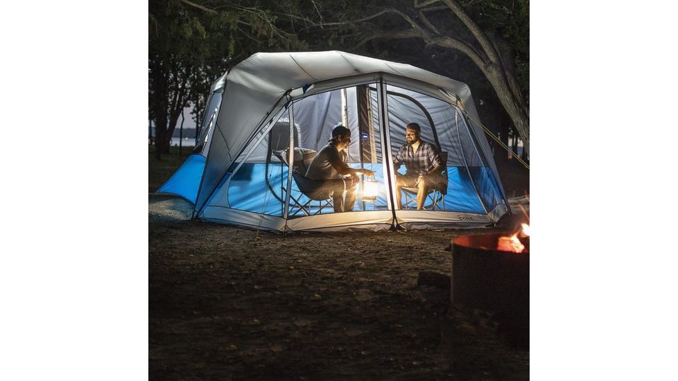Core Equipment Lighted 10 Person Instant Cabin Tent w/Screen Room, Green/Gray, 14 x 14.5 ft, 40063
