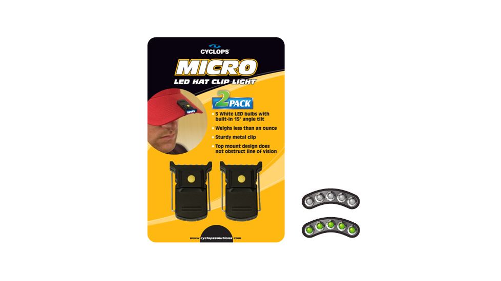 Cyclops Micro Hat Clip Light, Black with 5 White LED Bulbs, 2 Pack, CYC-MHC2PK-W