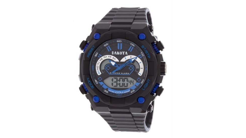 Dakota Watches Tough Ana-Digi, Black/Blue Dial, Black Case/PVC Strap, NO 2163-1
