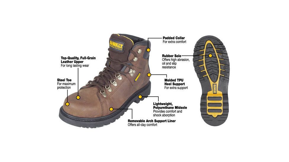 Features of DeWALT Work Boots 2x6 II Brown Steel Toe D66002