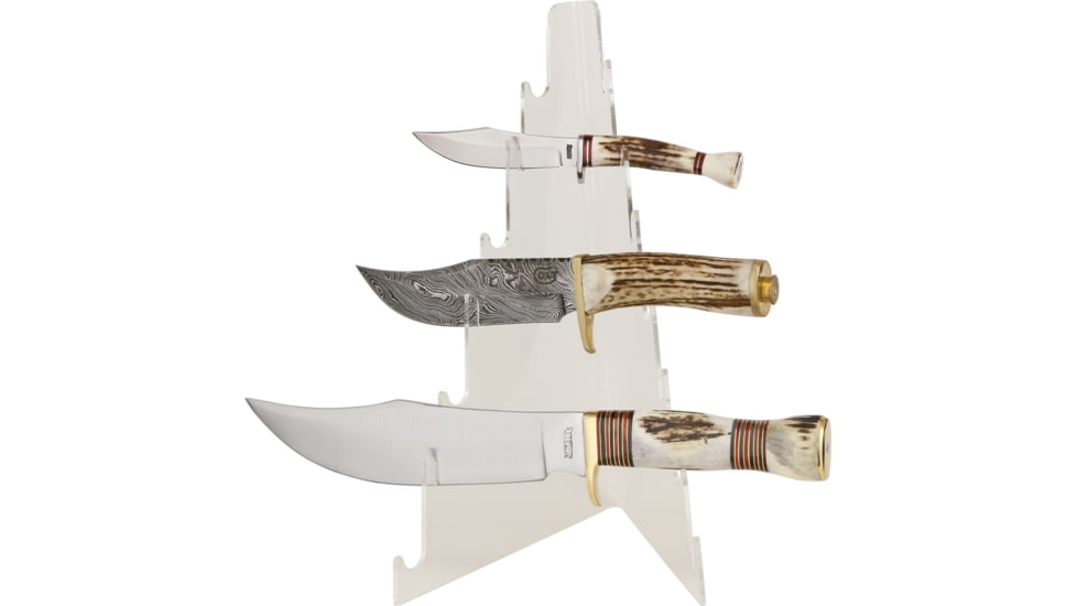 Displays Seven Tier Knife Display With Clear Acrylic Construction, Clear Acrylic Construction, Stands 12 1/2in Tall, Slots To Display Seven Folding And/Or Knife, KNF12